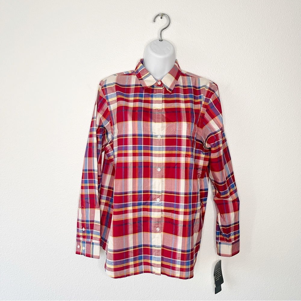 NWT Lauren Ralph Lauren Red & Blue Plaid Silk Button Down Shirt Size LP Western